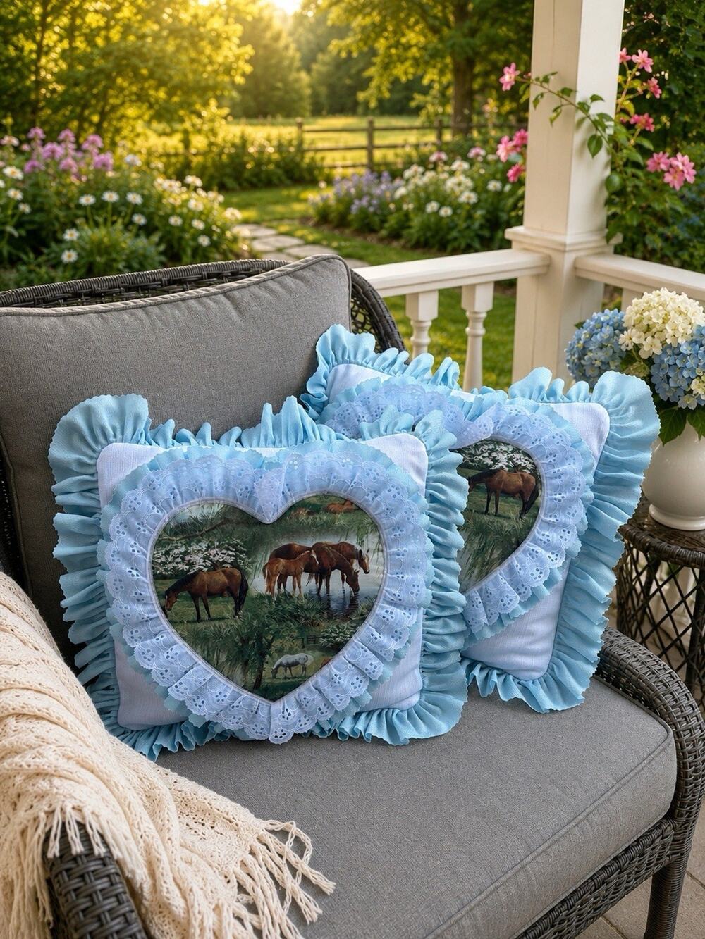 2 Vintage Ruffled Horse Throw Pillows Equestrian Pony Western 12" Handmade Cover